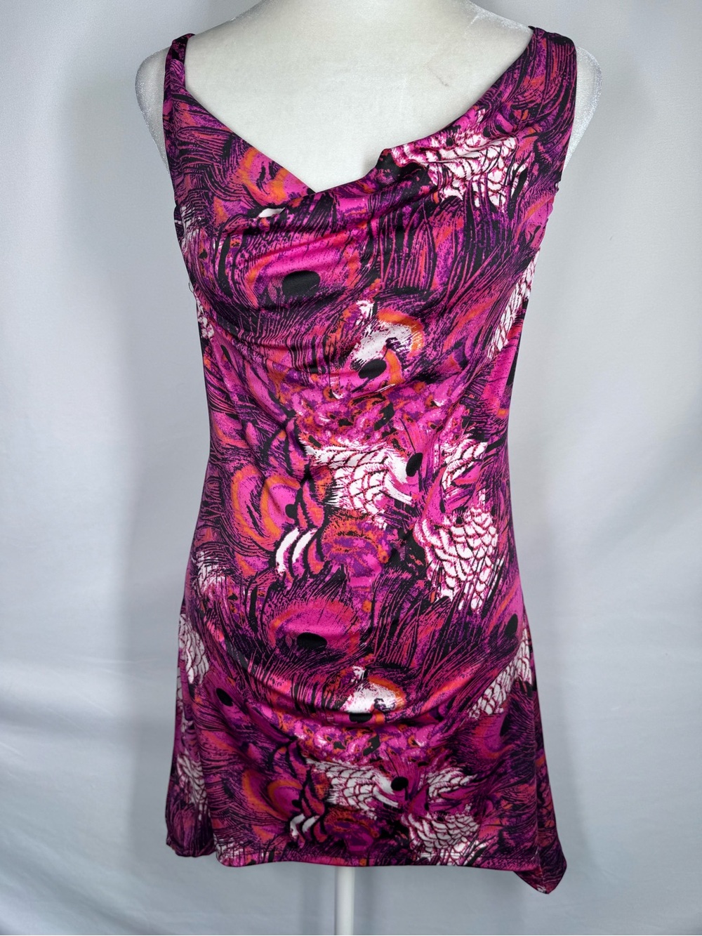 Y2K Dots Cowl Neck Dress Magenta Abstract Peacock Print Bodycon Mini - S